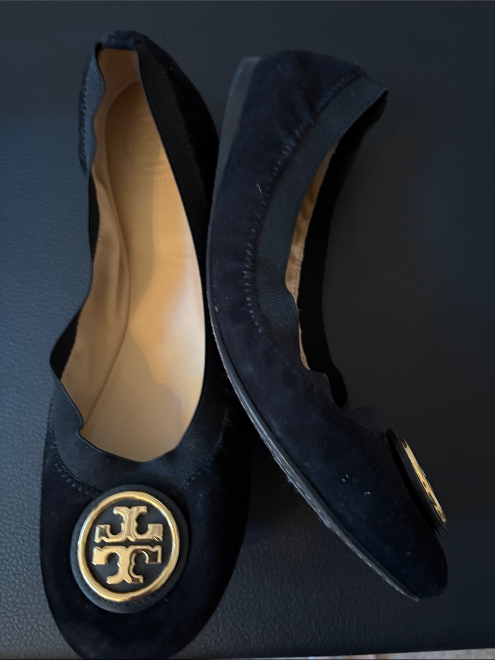 Tory Burch Black Suede Flats with Gold Logo Medallion
